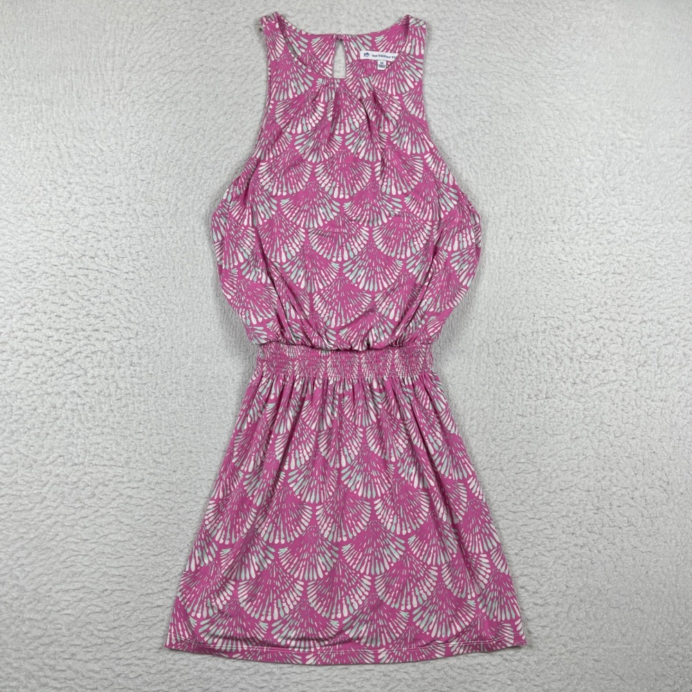 Southern Tide Dress Womens Medium Pink Shell Fan Print Smocked Waist Sleeveless